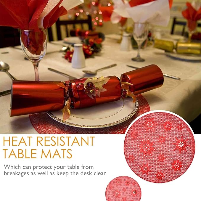 GIVERARE Placemats Set of 4, Round Heat-Resistant Vinyl Placemat, 15 inch Non-Slip Washable PVC Table Mat, Easy to Clean Premium Plastic Mats for Dining, Kitchen Table (Red Snow)