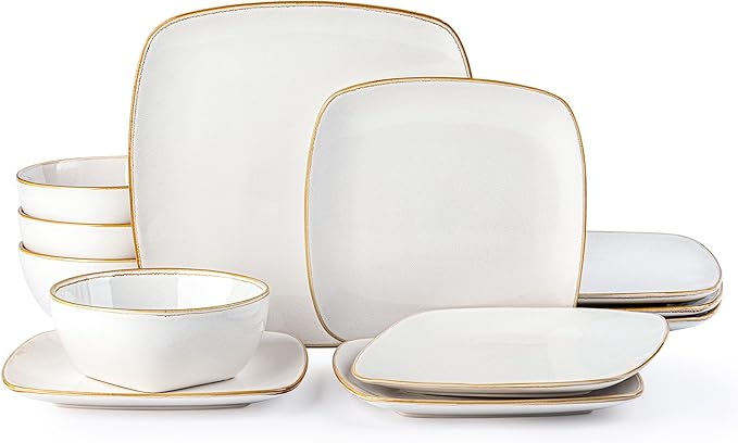 AmorArc Ceramic Dinnerware Sets for 4, 12 Pieces Square Handpainted Plates and Bowls Set, Chip and Scratch Resistant Stoneware Dishes Set, Dishwasher & Microwave Safe, Pearl White