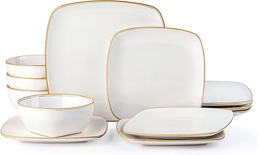 AmorArc Ceramic Dinnerware Sets for 4, 12 Pieces Square Handpainted Plates and Bowls Set, Chip and Scratch Resistant Stoneware Dishes Set, Dishwasher & Microwave Safe, Pearl White