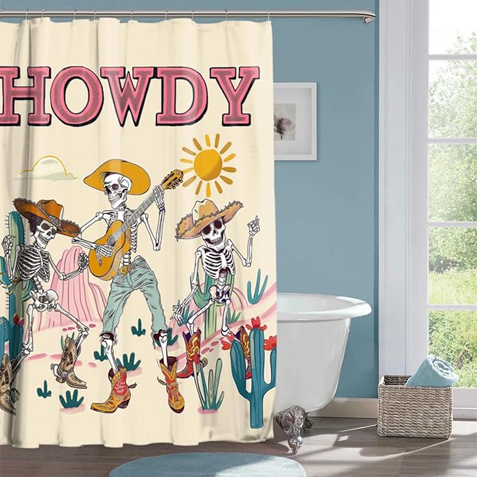 Funny Gothic Skull Shower Curtain Western Skeleton Shower Curtains for Bathroom Decor Waterproof Polyester Fabric Country Mountain Cactus Bathroom Curtain with Hooks 72x72 Inch