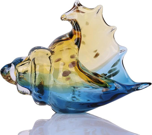 DOVDOV Hand Blown Glass Conch Statues, Blue and Amber Glass Art Figurines, Conch Shells for Coastal Home Decor, Living Room TV Stand and Bookcase Decor, Bathroom Shelf Tops and Cabinet Decor.