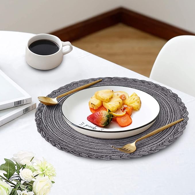 Round Cotton Placemats - Indoor and Outdoor Table Mats for Dining Tables, 15 inch (Gray and Black, Set of 4)
