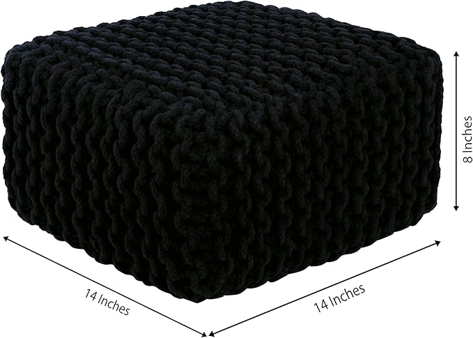 COTTON CRAFT Braided Footrest - Handknitted Cotton Cord Dori Foot Stool Ottoman - Low Floor Pouf - Lightweight Portable - Small Spaces Living Room Bedroom Entryway Under Desk - 14 x 8 Square - Black
