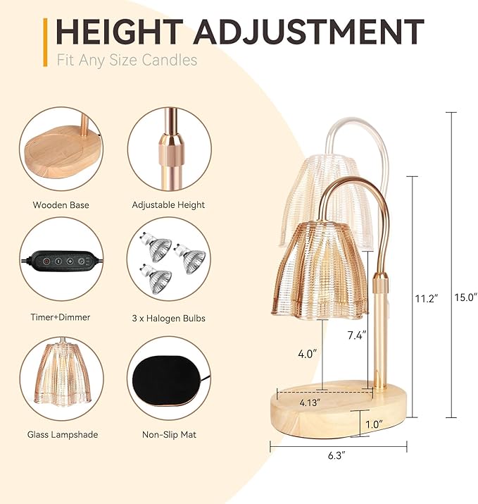 Candle Warmer Lamp with 3 Bulbs, Adjustable Height Dimmable Candle Warmer with Timer, Compatible with Large Jar Candles, Candle Lamp with Charming Gift Box Ribbon for Her/Him