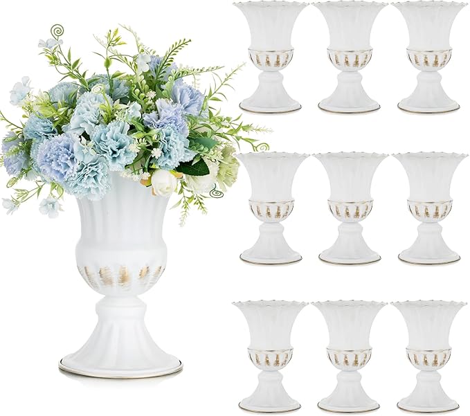 Sziqiqi Metal Vases for Fake Fresh Flowers Rustic White Flower Pot for Indoor Outdoor Elegant Floral Plant Holder Bulk for Garden Wedding Home Farmhouse Decor 9in