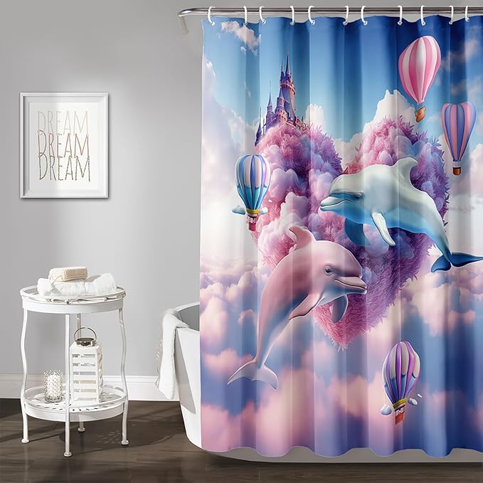AILONEN Cute Dolphin Shower Curtain,Romantic Pink Sky Clouds Hearts Print Bath Curtain,Blue and Pink Dolphin Shower Curtain Waterproof for Bathroom Decor with 12 Plastic Hooks, 72" W*84" H
