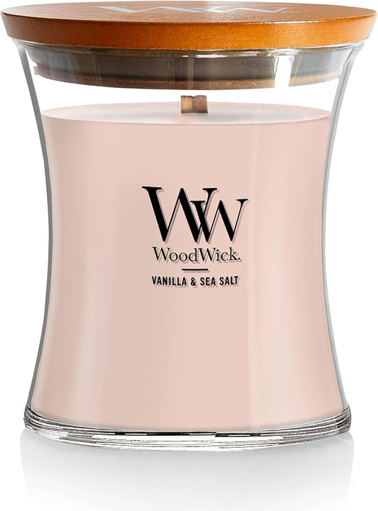 WoodWick Vanilla Sea Salt Scented Medium Hourglass Candle, Crackles as it burns, Ideal for gifting or home décor, 9.7oz