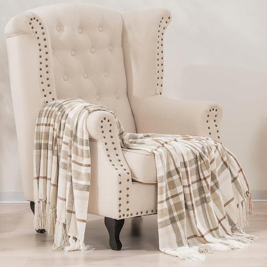 EVERGRACE Plaid Chenille Throw Blanket for Couch, Super Soft Cozy Decorative Farmhouse Plaid Throw with Tassels, Lightweight Chenille Knit Throw for Bed Sofa Gift Home Decor, Beige 60”x80”