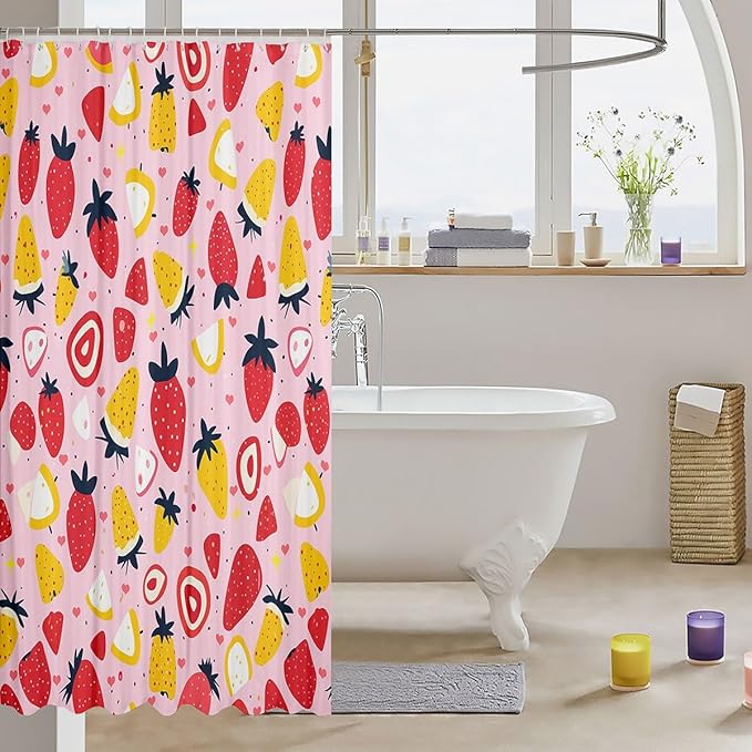Feelyou Strawberry Fabric Shower Curtain Colour Shower Curtain for Kids Boys Girls Tropical Fruit Print Bathroom Waterproof Accessories with 12 Hooks Fresh Pineapple Pattern Curtains,72x84 Inches
