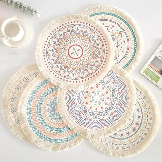 Kitchen Table Placemats Set of 6 with，Round HandmadeWoven Fringe Placemat，for Dining Room, Kitchen, Place Mats for Parties,Use-Size 13×13 Inches
