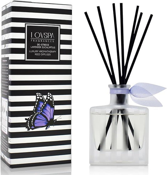 LOVSPA De-Stress Lavender Eucalyptus Reed Diffuser Set - Scent Diffuser with Long Lasting Fragrance - Non-Toxic Oil Reed Diffusers - Made in The USA
