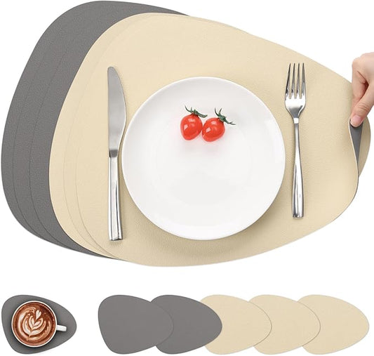 Myir JUN Placemats, Dual-Sided Placemats Waterproof Faux Leather Placemats Set of 6 Place Mats and Coasters Non-Slip Washable Table Mats for Dining Table (Gray Wheat, Set of 6)