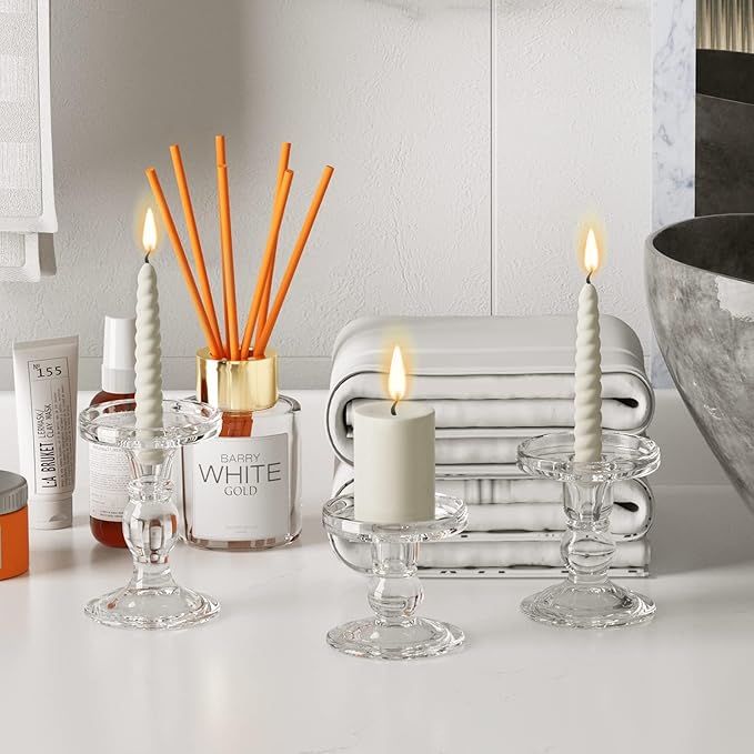 Clear Glass Candle Holders for Taper Candles 1 Pack (Total 3 Pcs), Pillar Candles Tealight Candle Holder for Wedding, Dinning and Decoration-Fit 0.9" to 2.8" Premium Multipurpose Candles
