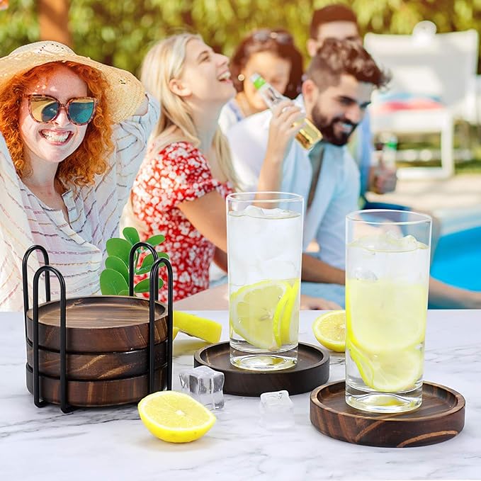 Wooden Coasters for Drinks - Natural Wood Drink Coasters Set with Holder for Modern Home Decor,Coasters for Coffee Table Tabletop Protection for Any Table Type, Set of 5-4.3Inches