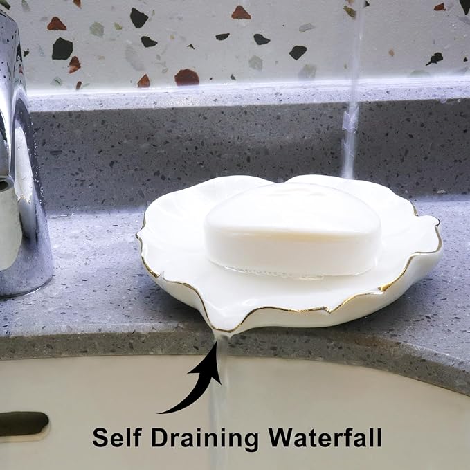 Elegant Bathroom Soap Dish, Inspired by Nature Hibiscus Flower, Ceramic Soap Dish Holder, Self-Draining and Multiple Styles for Bathroom Kitchen Accessories