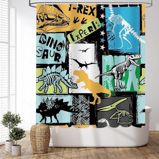 MEHOFOND Dinosaur Shower Curtain Funny Dino for Kids Boys Black Shower Curtain Plant Leaf Jungle Cartoon Colorful Bathroom Decor with Hooks Waterproof Fabric 72x72 inch