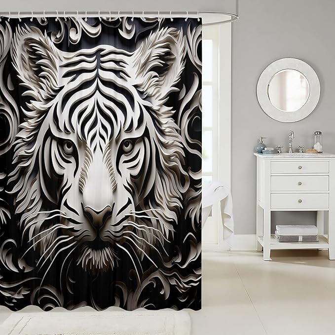 Feelyou Leopard Fabric Shower Curtain for Girls Boys Adult Damask Leopard Bathroom Waterproof Accessories with 12 Hooks Black White Shower Curtain Animal Print Curtains,72x84 Inches