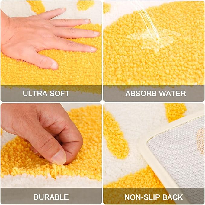 Bathroom Rugs Mat Half Circle - Cute Sun Fun White Yellow Boho Bath Mats Non Slip, Soft Absorbent Microfiber Bohemian Rug, Semi Round Machine Washable Rubber Rugs for Floor Bedroom Toilet Door Bathmat