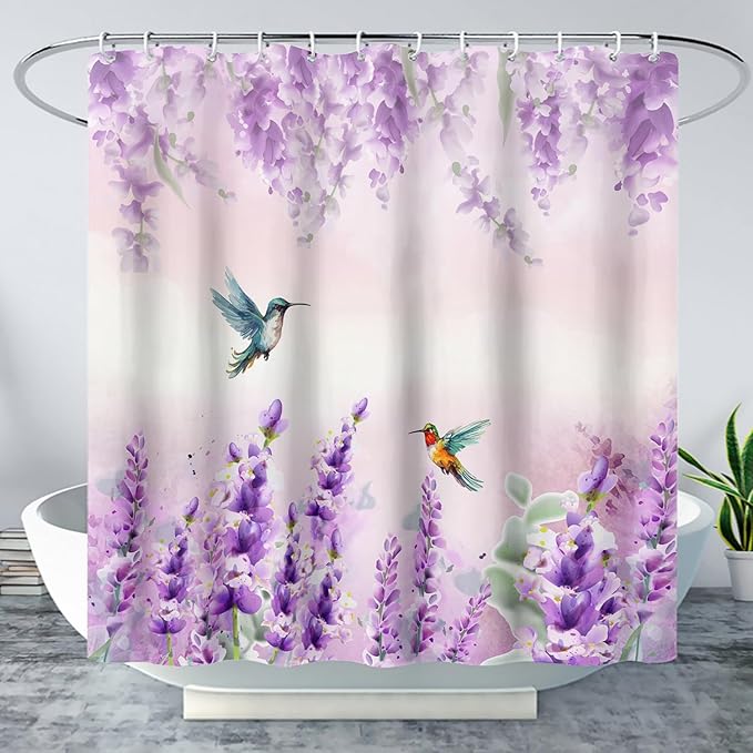 AILONEN Waterproof Floral Shower Curtain for Bathroom,Purple Pink Wisteria Lavender Flowers Shower Curtain,Botanical Floral Decor Bathroom Polyester with Grommets and Hooks 72" W*84" H