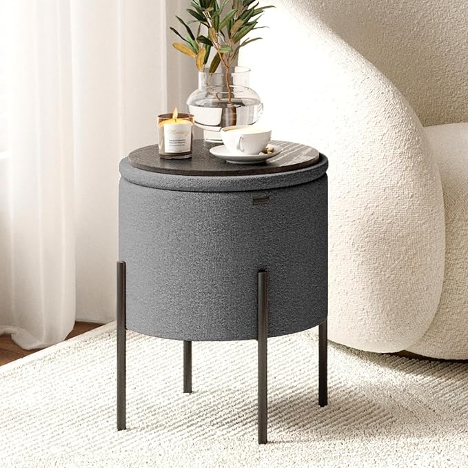 StorageBud Round Ottoman with Storage, Boucle Storage Ottoman, Foot Stool Ottoman, Makeup Vanity Stool, Small Ottoman Foot Rest, Modern Ottomans for Living Room and Bedroom, Grey