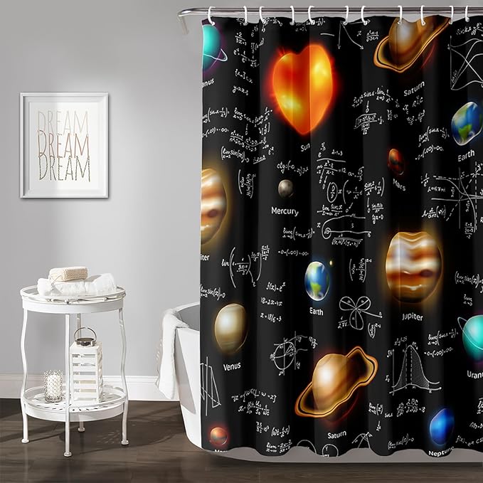 AILONEN Solar System Shower Curtain,Math Galaxy Planet Bath Curtain for Bathroom Decor,Polyester Waterproof with 12 Plastic Hooks 48" W*72" H