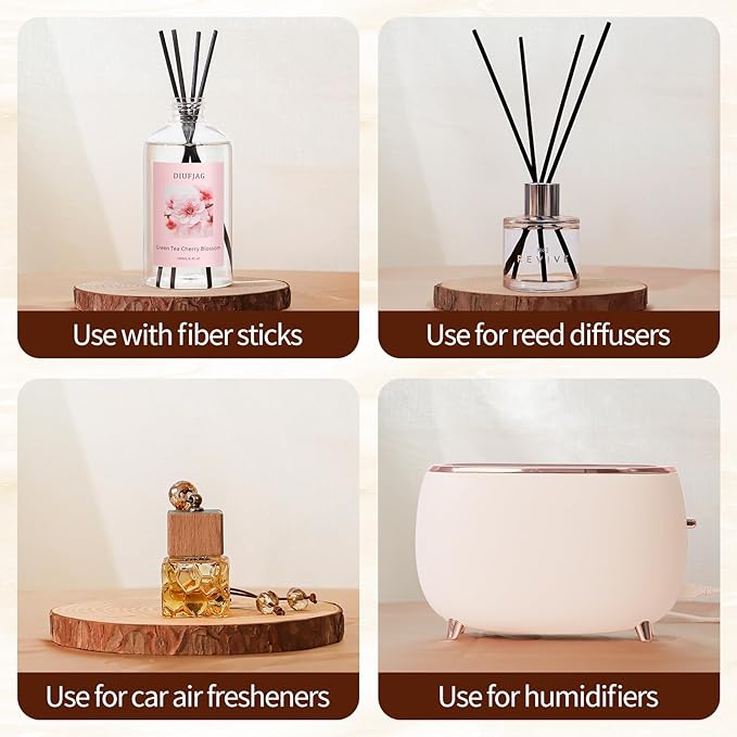 Green Tea Cherry Blossom Diffuser with 20 Black Fiber Sticks, 6.7 oz Diffusers for Home Essentials Bathroom,Last up to 60 Days（200ml