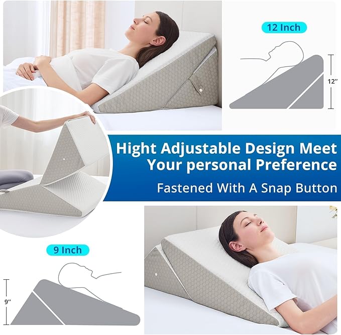 SASTTIE Wedge Pillow for Sleep Apnea, 12 Inch Bed Wedge Pillow for Back Pain Relief, Adjustable Memory Foam Pillow Wedges for Sleeping Acid Reflux, Shoulder Pain Relief and Snoring, Light Grey & White