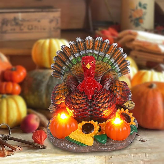 Thanksgiving Turkey Decorations Indoor Resin Turkey Figurines with 2 Pumpkin Electric Candlesticks Fall Harvest Table Decor for Home Office Shelf Kitchen - Thanksgiving Autumn Gift