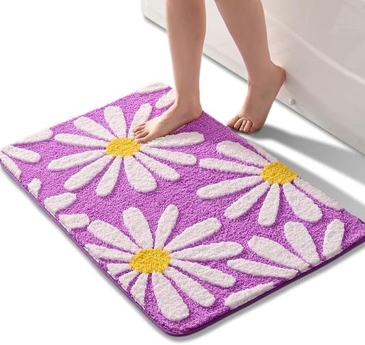 QJHOMO Purple Bathroom Rugs Cute Daisy Bath Mat White and Yellow Flower Decor Rug Non Slip Floor Carpet Microfiber Bathmat Super Absorbent Machine Washable Bathtub Mats for Shower (24x36 inch)