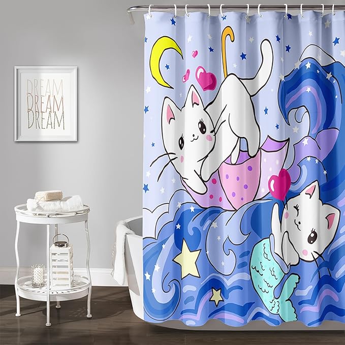 AILONEN Cute Cat Shower Curtain,Kawaii Cartoon Mermaid Kitten Polyester Cloth Bath Curtain Set for Girls Boys,Kittens with Spray Waterproof Shower Curtains for Bathroom, 72" W*84" H Blue