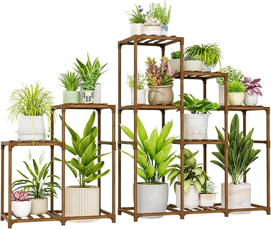 Bamworld 2 Sets Plant Stands Indoor Tall Shelves Outdoor for Multiple Flowers 10 Pots Wooden Rack for Living Room Balcony Garden