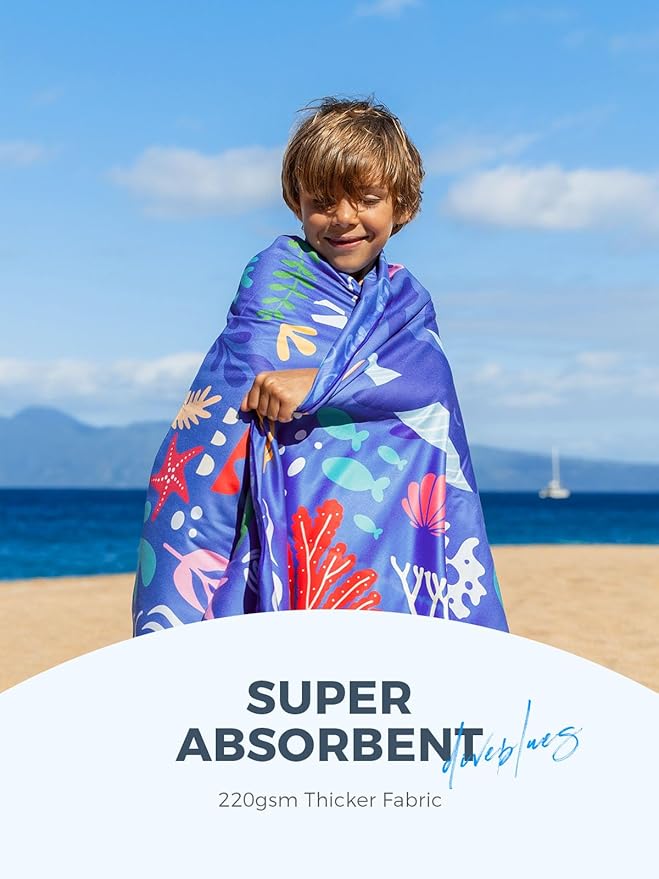 Kids Beach Towels 2 Pack 60''x30'', Quick Dry, Sand Free, Compact, Lightweight, Absorbent, Girls & Boys Large Microfiber Towels Gifts for Pool, Swim, Cruise Essentials