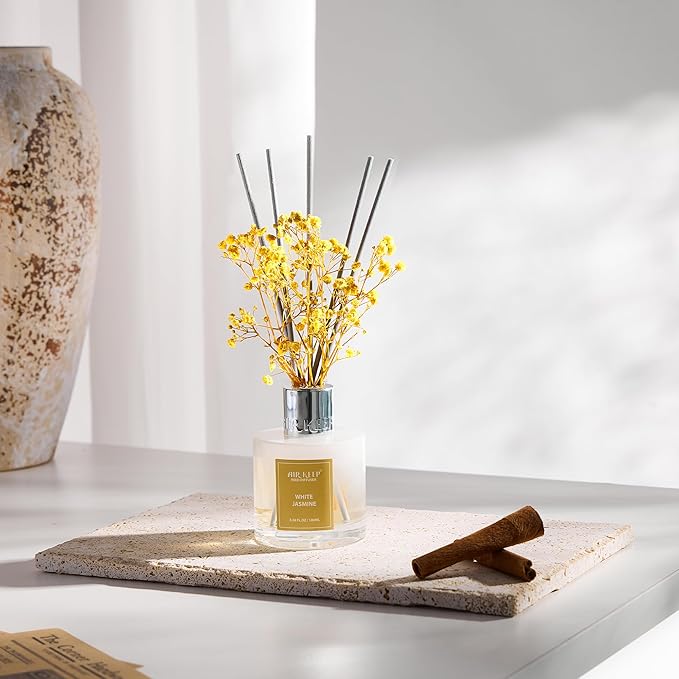 Airkeep Reed Diffuser Set,3.38 fl oz (100 ml) - White Jasmine Oil Diffusers with 8 Reed Sticks, Home Fragrance Reed Diffuser for Bathroom Shelf Decor