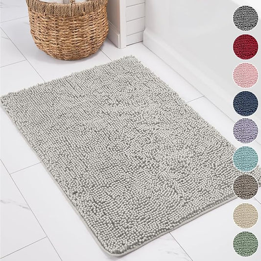 KANGAROO Bathroom Rugs, Chenille Soft Absorbent Bath Rug, Shaggy Shower Mat, Quick Dry Machine Wash Bathmat, Plush Carpet Mats for Tub, Bathtub and Room Home Decor Accessories, 42x24, Light Gray