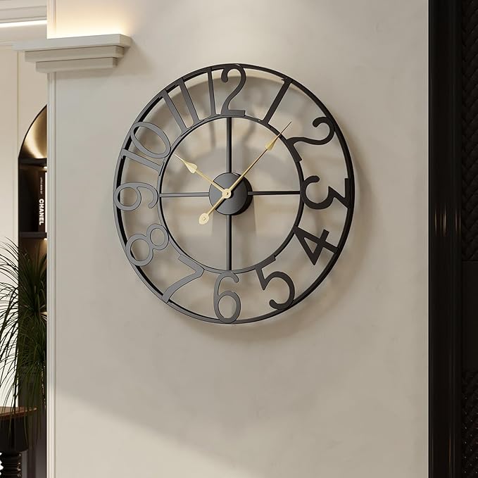 Large Wall Clock, 24 Inch Black Decorative Wall Clock for Living Room, Modern Metal Battery-Operated Arabic Numerals Round Clocks Silent Non Ticking for Kitchen Mantel Bedroom Office