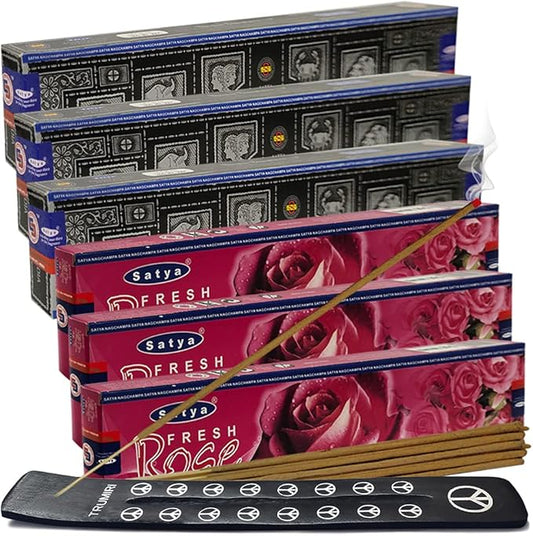 Super Hit Rose Incense Sticks & Holder Bundle Variety Pack from House of Nag Champa Incense Sticks and Trumiri