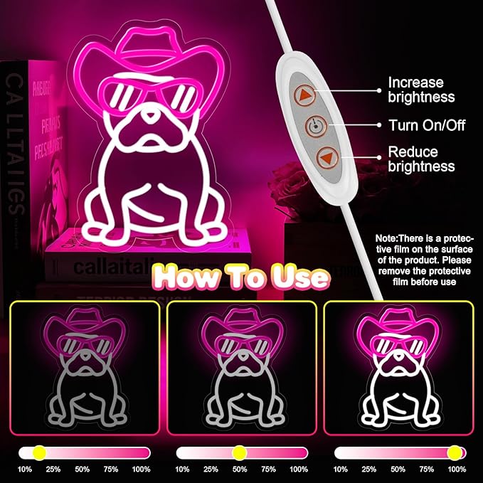 Dog Neon Sign for Wall Decor,Dimmable French Bulldog with Cowboy Hat & Glasses Neon Light,Pink White Puppy Light Up Signs for Pet Shop Bedroom Party Bar Background Decoration