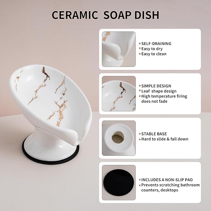 Soap Dish, Soap Holder Self Draining Leaf Shape Soap Dishes，White Ceramic Draining Soap Tray for Shower, Bathroom Sink, Kitchen (Large Size-Marble White, 1)
