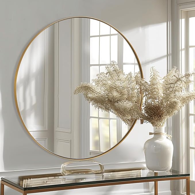 ANDY STAR Round Gold Mirror, 30'' Brass Mirror with Brushed Gold Frame, Wall Mounted Stainless Steel Metal Frame Round Mirror for Bathroom, Living Room, Bedroom