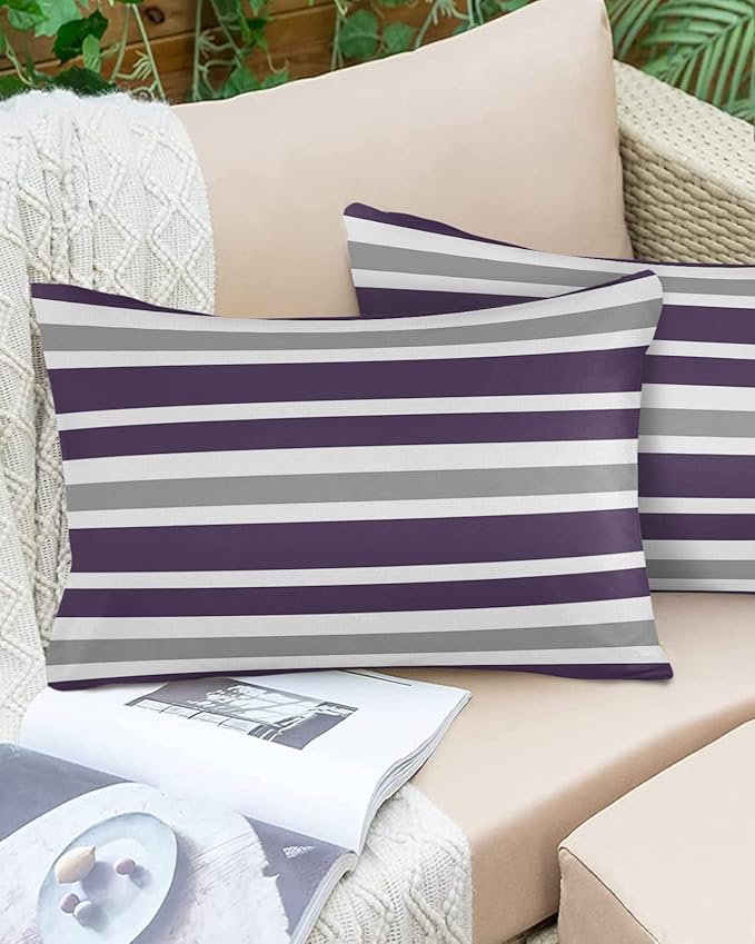 Outdoor Waterproof Lumbar Throw Pillow Covers Set of 2 Grey Purple Stripes Decorative Outdoor Pillows Cushion Case 20x12 Inch Classic Striped Patio Pillows for Couch Sofa Bed Garden Home Decor
