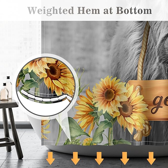Aimego Long Farmhouse Shower Curtain - Rustic Western Highland Cow Sunflower Country Get Naked Funny Fabric Cloth Bath Shower Curtain Set with 12 Hooks Bathroom Decor Bathtub Curtain, 72"x78"