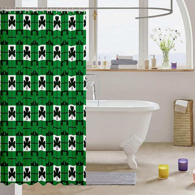Manfei Green Leaf Kids Shower Curtains,Happy St. Patrick's Day Irish Holiday Bathroom Curtains for Girls Boys,Geometric Plaids Grids Patchwork Rustic Waterproof Curtains,12 Hooks Suits,72" W x 78" L