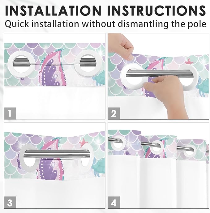 Pink Mermaid Tail Glitter No Hook Shower Curtain with Snap in Liner, Coral Starfish Turtle Bath Curtain with Double Layers Waterproof Fabric and Mesh Top Window 71x74 Inch