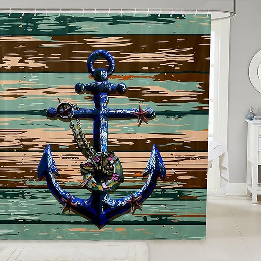 Feelyou Anchor Shower Curtain Wooden Rustic Fabric Shower Curtain for Kids Boys Girls Sea Adventure Bathroom Waterproof Accessories with 12 Hooks Ocean Theme Curtains,72x84 Inches