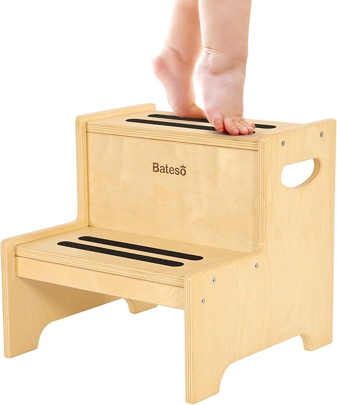 Step Stool for Kids, Wooden Toddler Step Stool for Bathroom Sink with Safety Anti-Slip Mat and Strip, Assembly Easily, Sturdy Kid Step Stool for Brushing Teeth, Kitchen, Toilet Potty Training