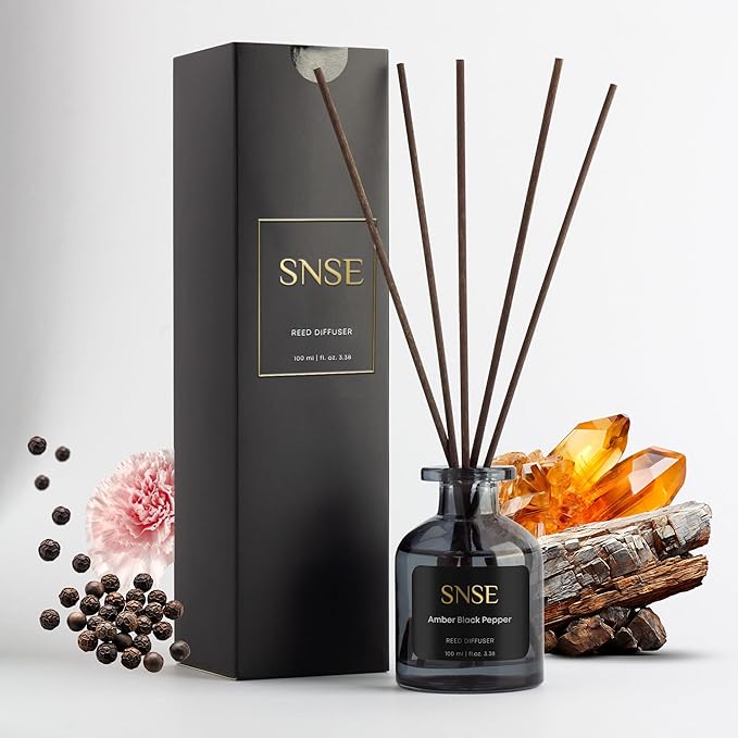 SNSE Amber Black Pepper Reed Diffuser Set | 3.38 oz Scent Fragrance Oil Diffuser for Bedroom, Bathroom, Home Décor and Gift, Decorative Air Fresheners with Sticks