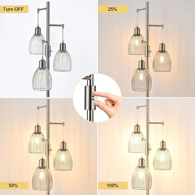 Dimmable Floor Lamp, Industrial Floor Lamps for Living Room, Brushed Nickel Tree Lamp Standing Lamp Tall Lamps with 3 Elegant Teardrop Cage Head & 800 Lumens LED Bulbs for Living Room Bedroom Office