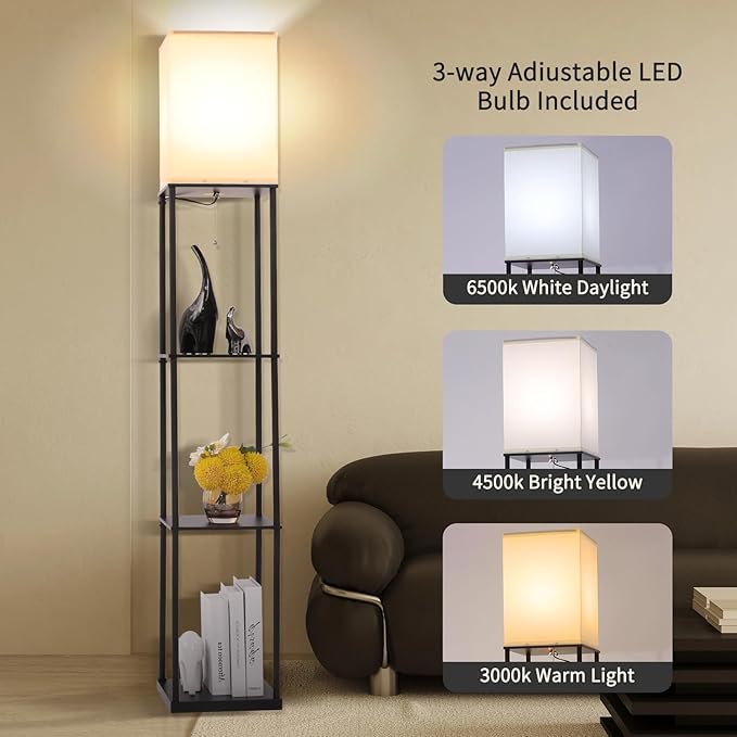 Floor Lamp with Shelves, Modern Square Standing Lamp with 3 Color Temperature Bulb, Corner Display Bookshelf Lamp for Living Room, Bedroom and Office (Black-2 Pack)