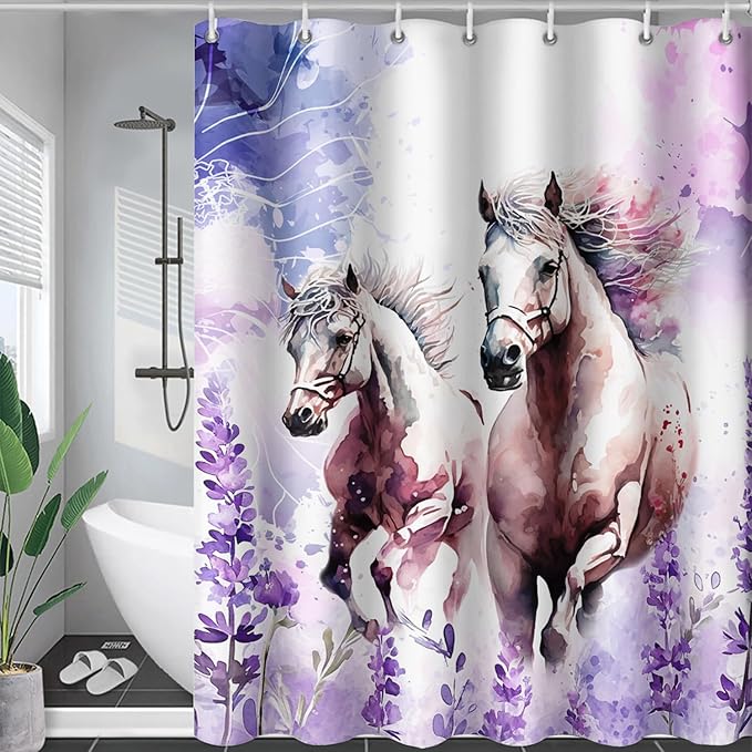 AILONEN Watercolor Flower Horse Shower Curtain,Galloping Horse Bath Curtain,Purple Lavender Horse Decoration Bathroom Curtain with 12 Plastic Hooks,Waterproof 72" W*84" H