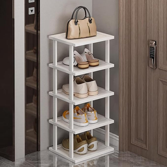 Bamboo Shoe Rack 5Tier- Vertical White Shoe Rack for Small Spaces, Tall Narrow Shoe Rack Organizer for Closet Entryway Corner Garage and Bedroom,Skinny Shoe Shelf with Free Stackable DIY